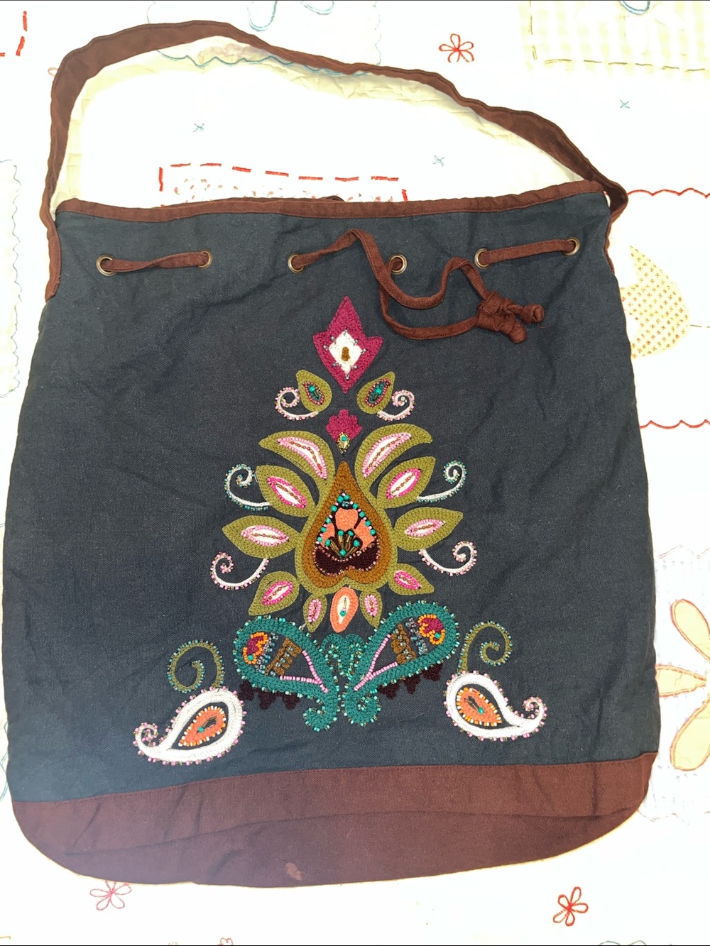 World Market Embroidered Teal Canvas Bucket Bag with Brown Trim
